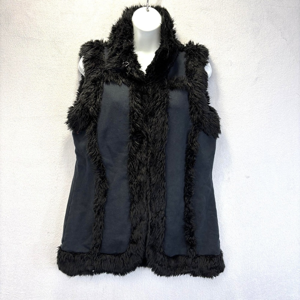 Lucky Brand Faux Fur Trim Vest Jacket Womens Medium Black Hook Eye Boho Cozy